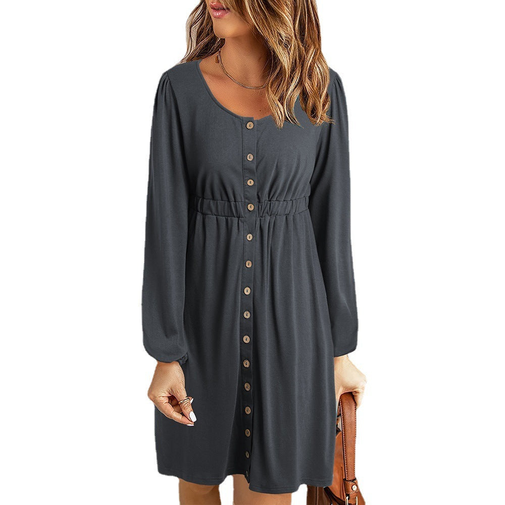 Women's knee-length dress with button details and elasticated waist, size [size]