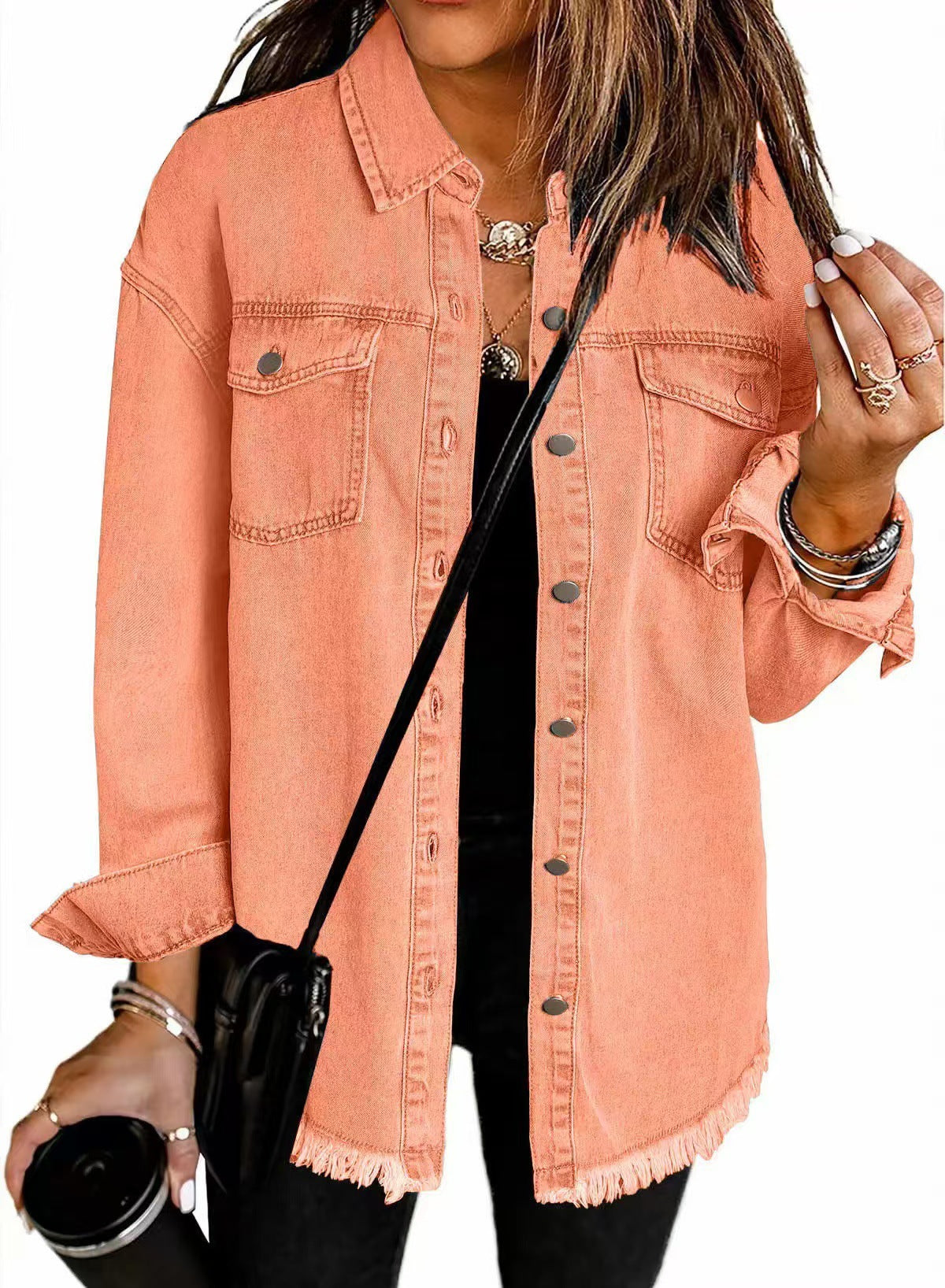 Women's Oversized Denim Shirt with Fringes, Size