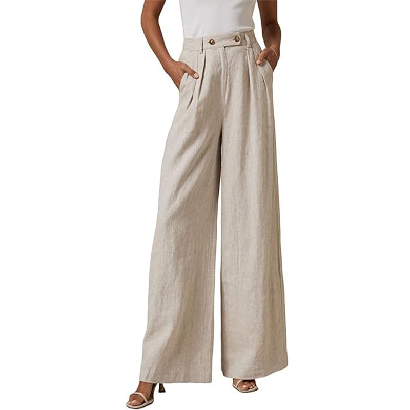 Women's elegant wide-leg linen trousers with a high waist and pleats, size