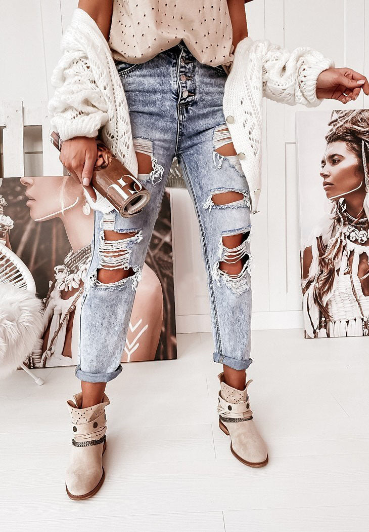 Damen Destroyed Boyfriend Jeans im lässigen Vintage-Stil mit hoher Taille, Größe [Größe fehlt]