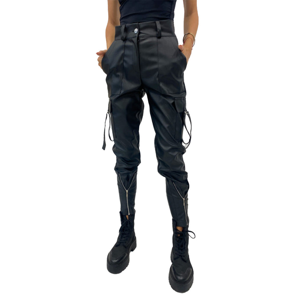 Wasserdichte Cargohose für Damen aus Kunstleder mit Reißverschlüssen und verstellbaren Bündchen, Größe