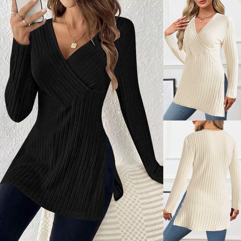 Elegantes Damen-Wickelshirt mit langen Ärmeln und gerippter Struktur, Größe