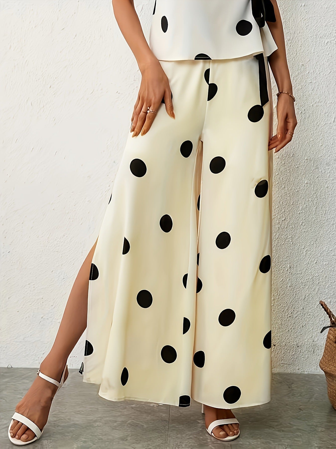 Damenweite, luftige Polka-Dot Palazzo-Hose mit eleganten Seitenschlitzen, Größe [Größe fehlt]