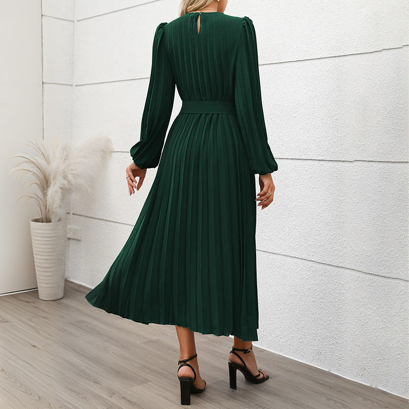 Plissiertes Damenkleid mit Taillengürtel und langen Ärmeln, Größe