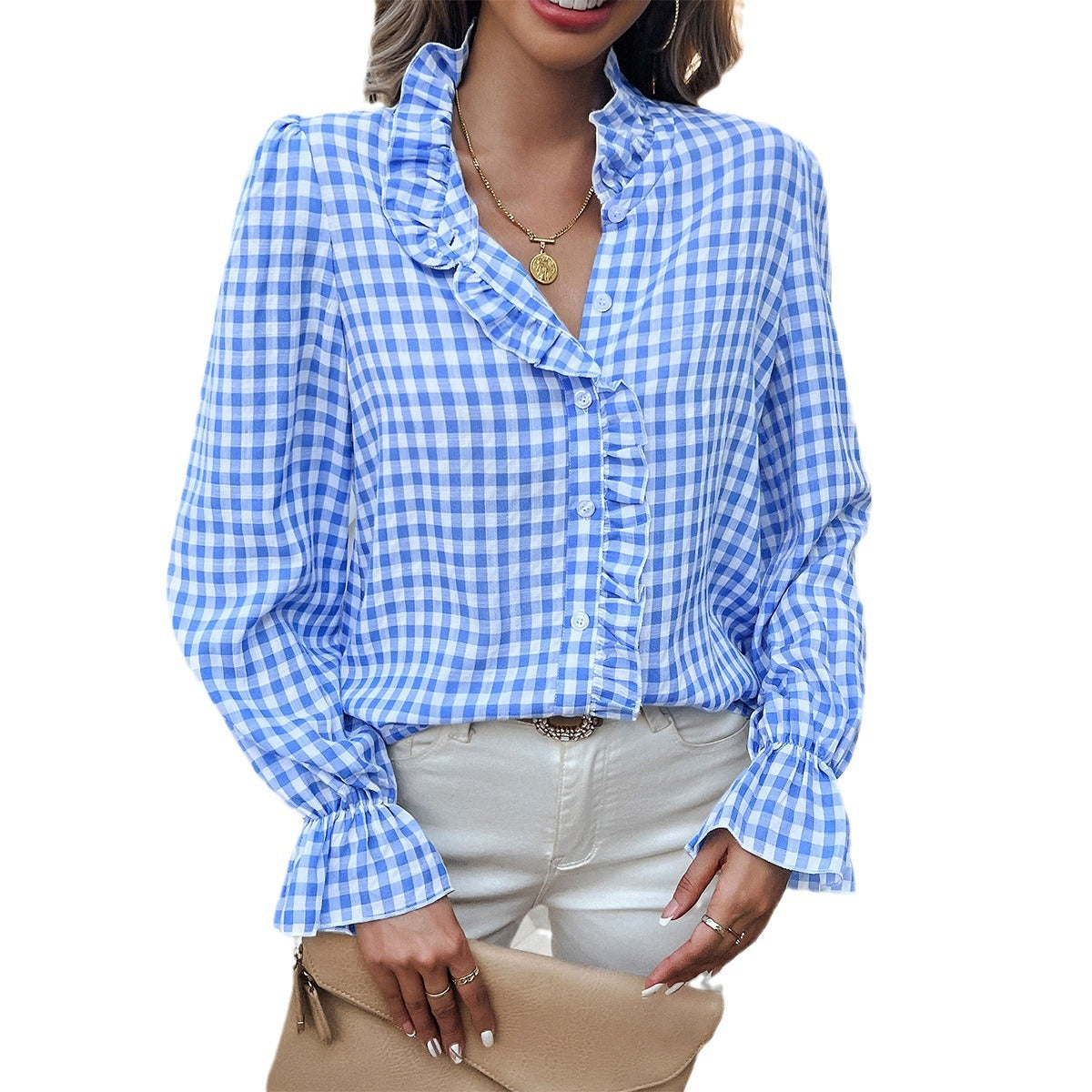 Damen-Bluse mit Karomuster, Rüschendetails und Knopfleiste, Größe