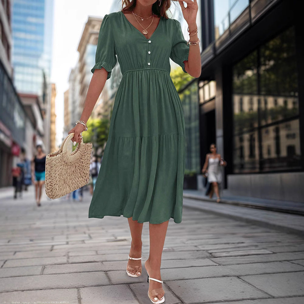 Damen-Midikleid mit geknöpftem V-Ausschnitt und luftigen Puffärmeln, Größe