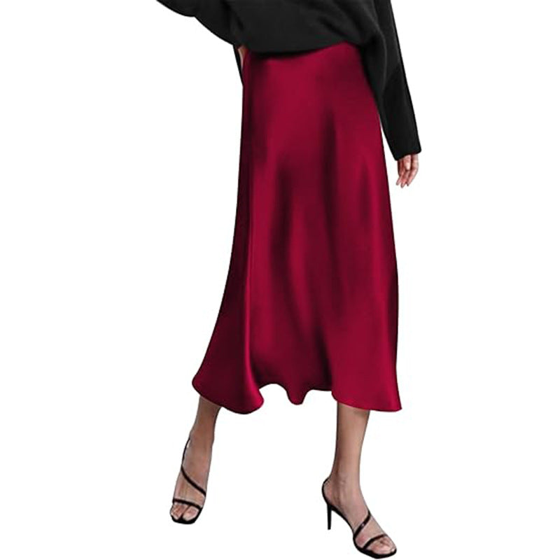 Women's elegant midi skirt in satin viscose with a flowing drape, size Valenzora