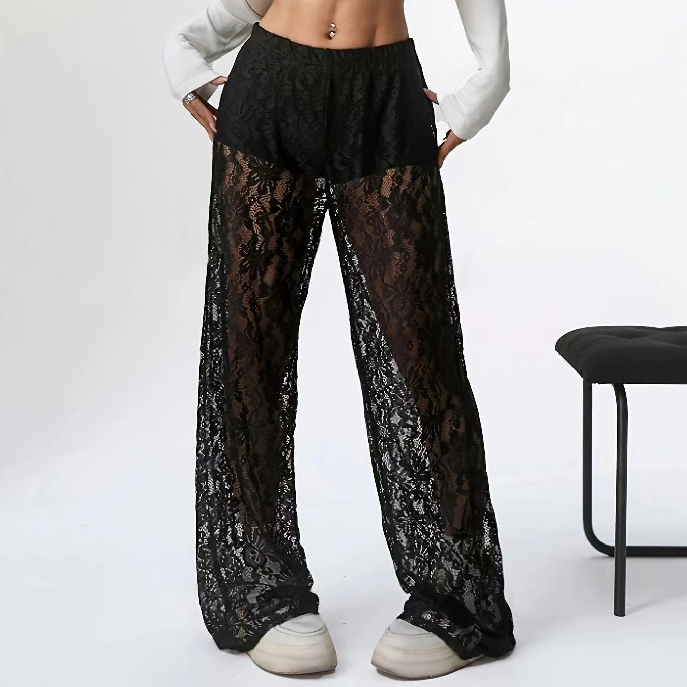 Elegante Damen-Spitzenhose mit weitem Schnitt und elastischem Bund, Größe