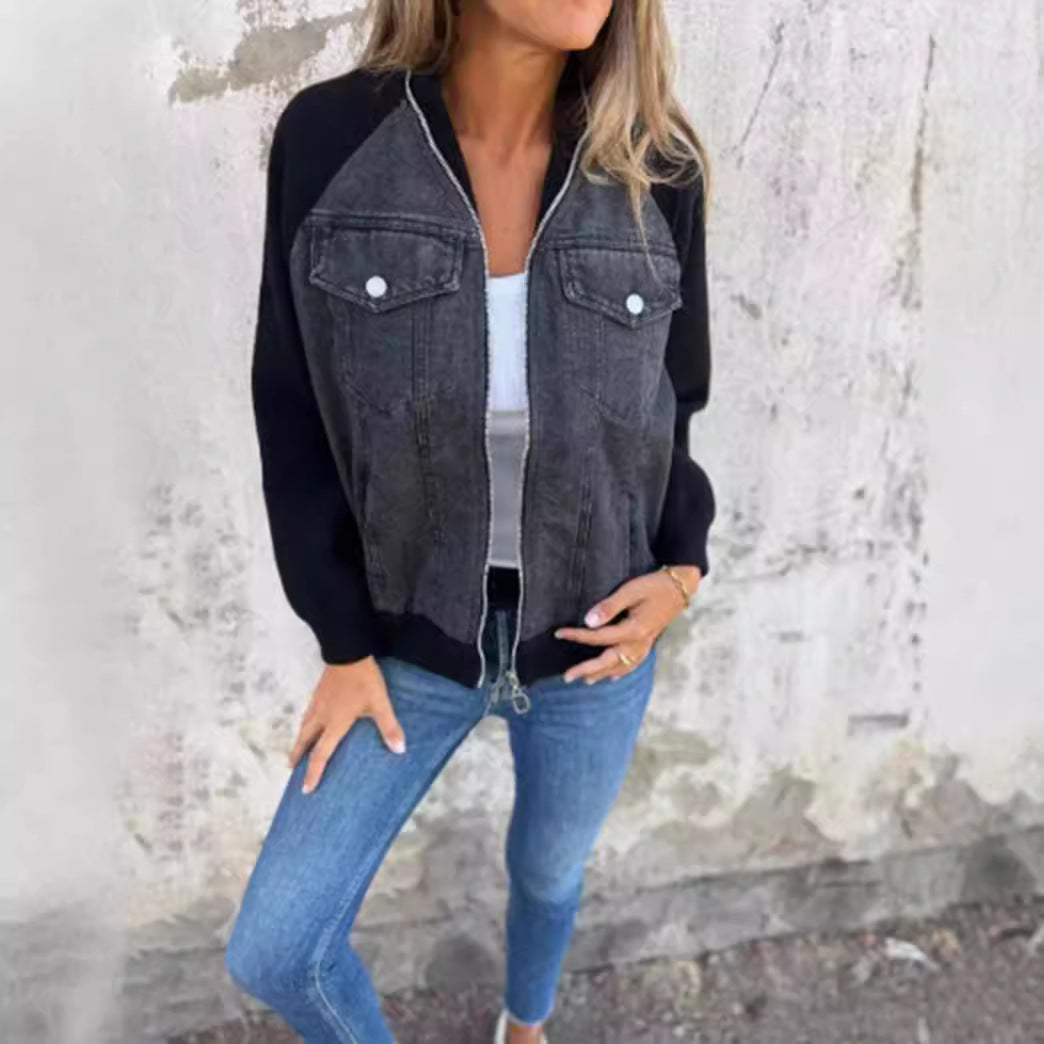 Damen-Jeansjacke mit kontrastierenden Ärmeln und praktischen Taschen, Größe S