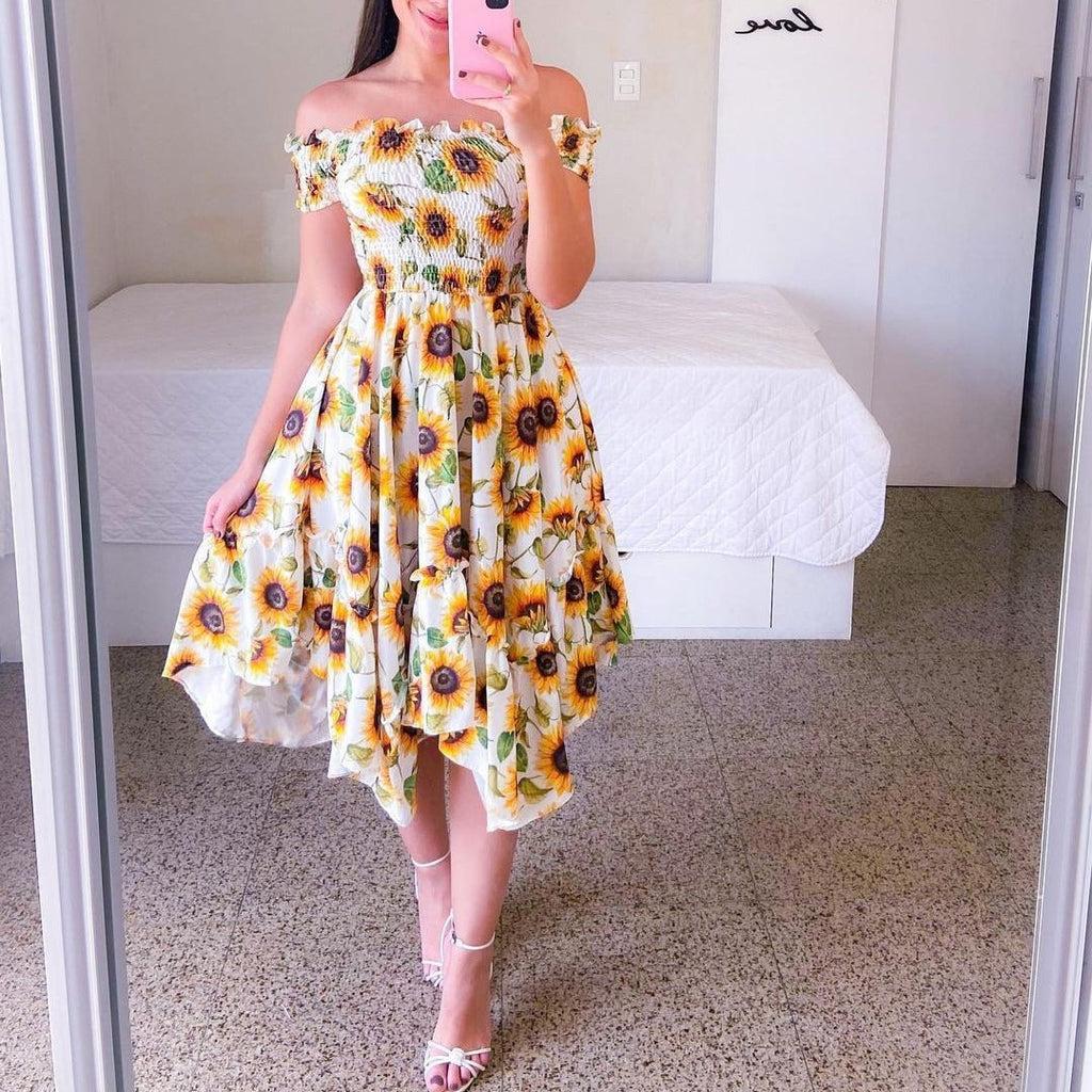 Women's summer off-the-shoulder dress with a colorful butterfly pattern and flowing pleats, size S