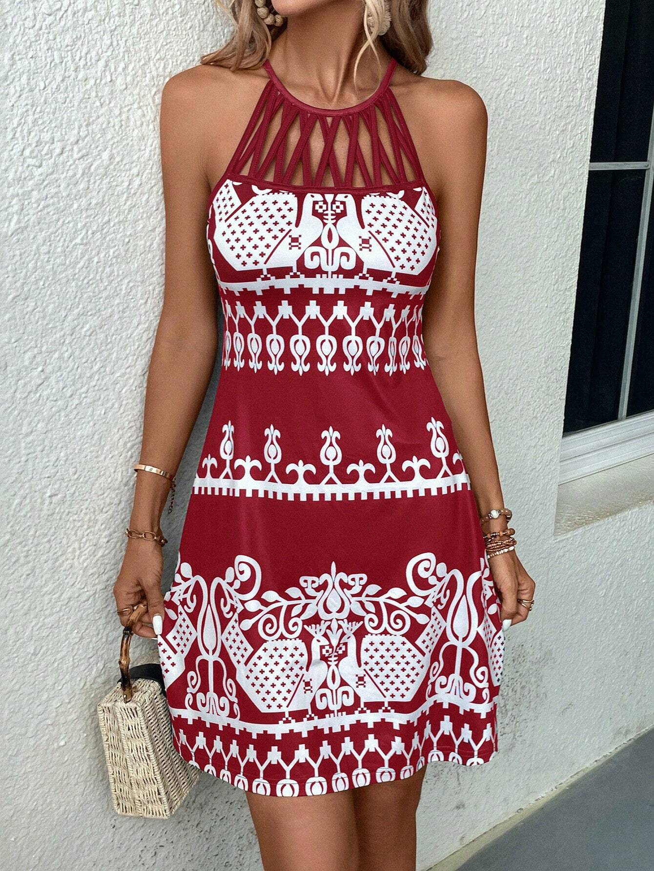 Women's sleeveless summer dress with fashionable cut-out design and graphic pattern, size S