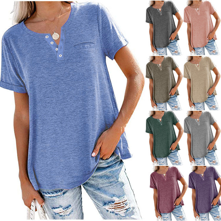 Women's casual T-shirt with button placket and chest pocket, size