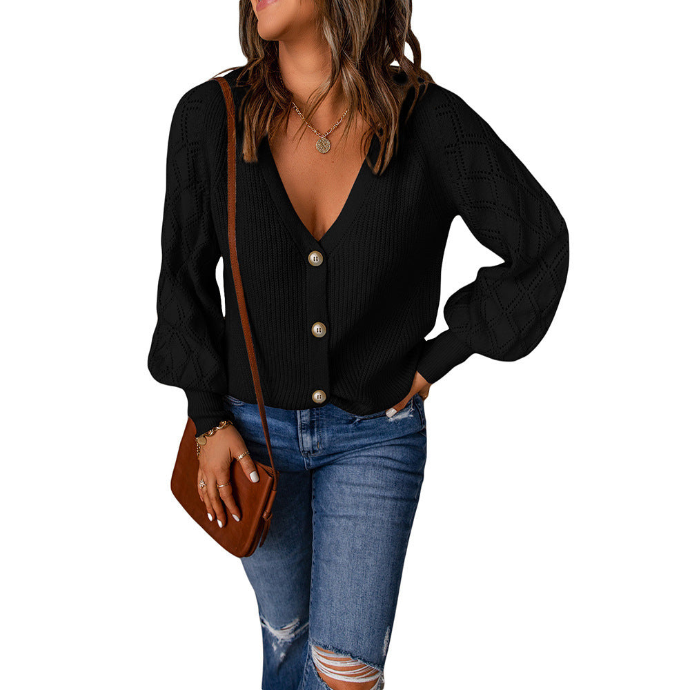 Women's cardigan with V-neck and puff sleeves, size