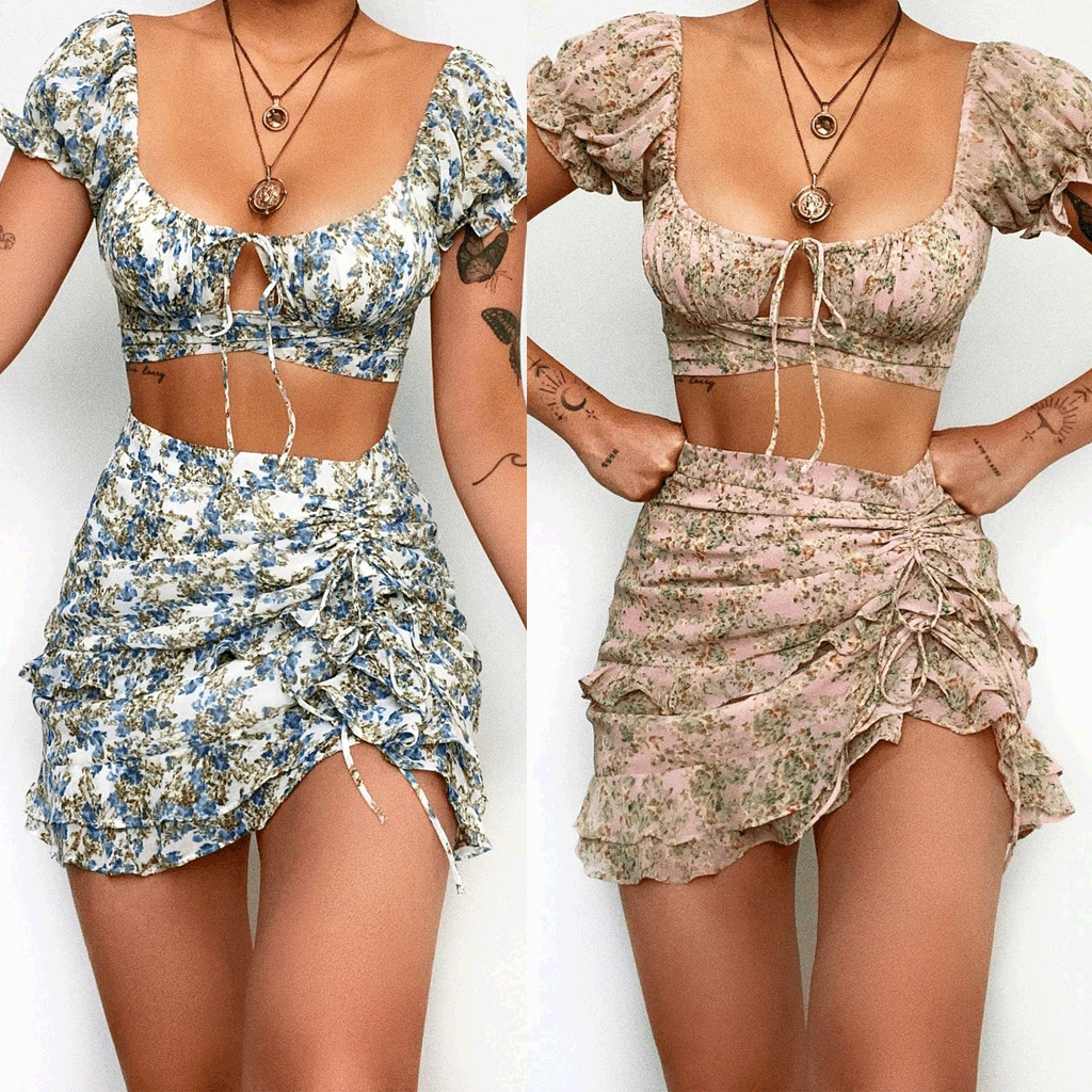 Damen-Crop-Top und Minirock mit Blumenmuster, Größe