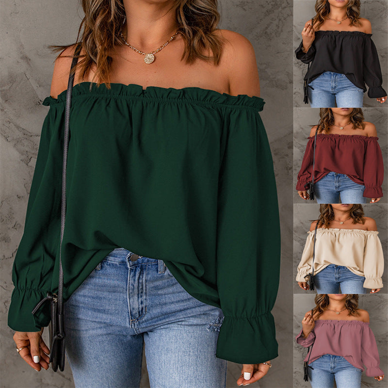 Women's chic off-the-shoulder top with ruffle details and elasticated cuffs, size [size missing]