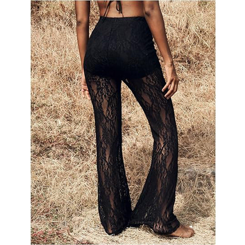 Elegante Damen-Spitzenhose mit hoher Taille und weitem Bein, Größe