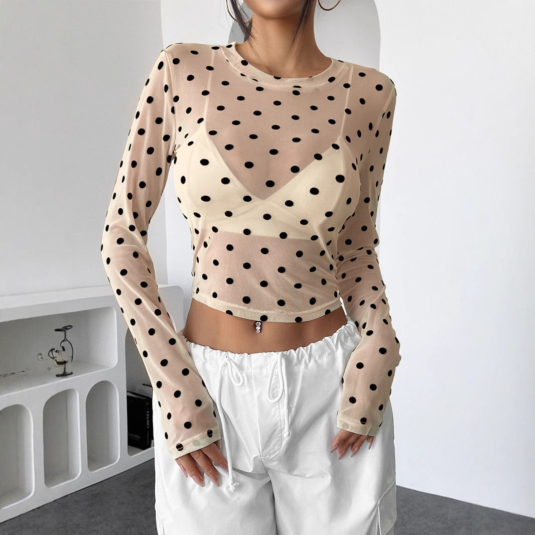 Valenzora | Sheer polka dot fitted mesh long-sleeved tee