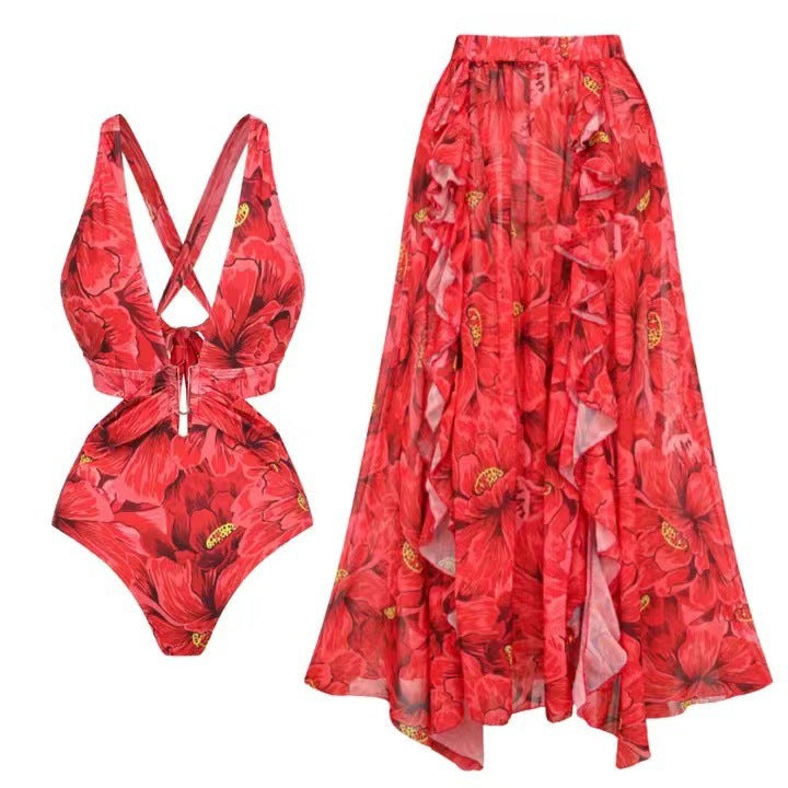 Damen-Badeanzug- und Maxirock-Set mit Blumenmuster und eleganten Rüschendetails, Größe [size]