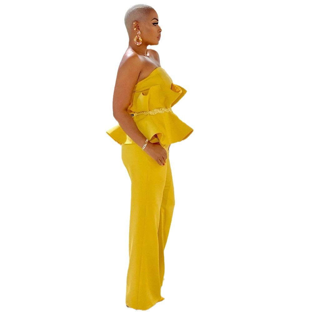 Damen-Jumpsuit mit voluminösen Rüschen und schulterfreiem Oberteil, Größe