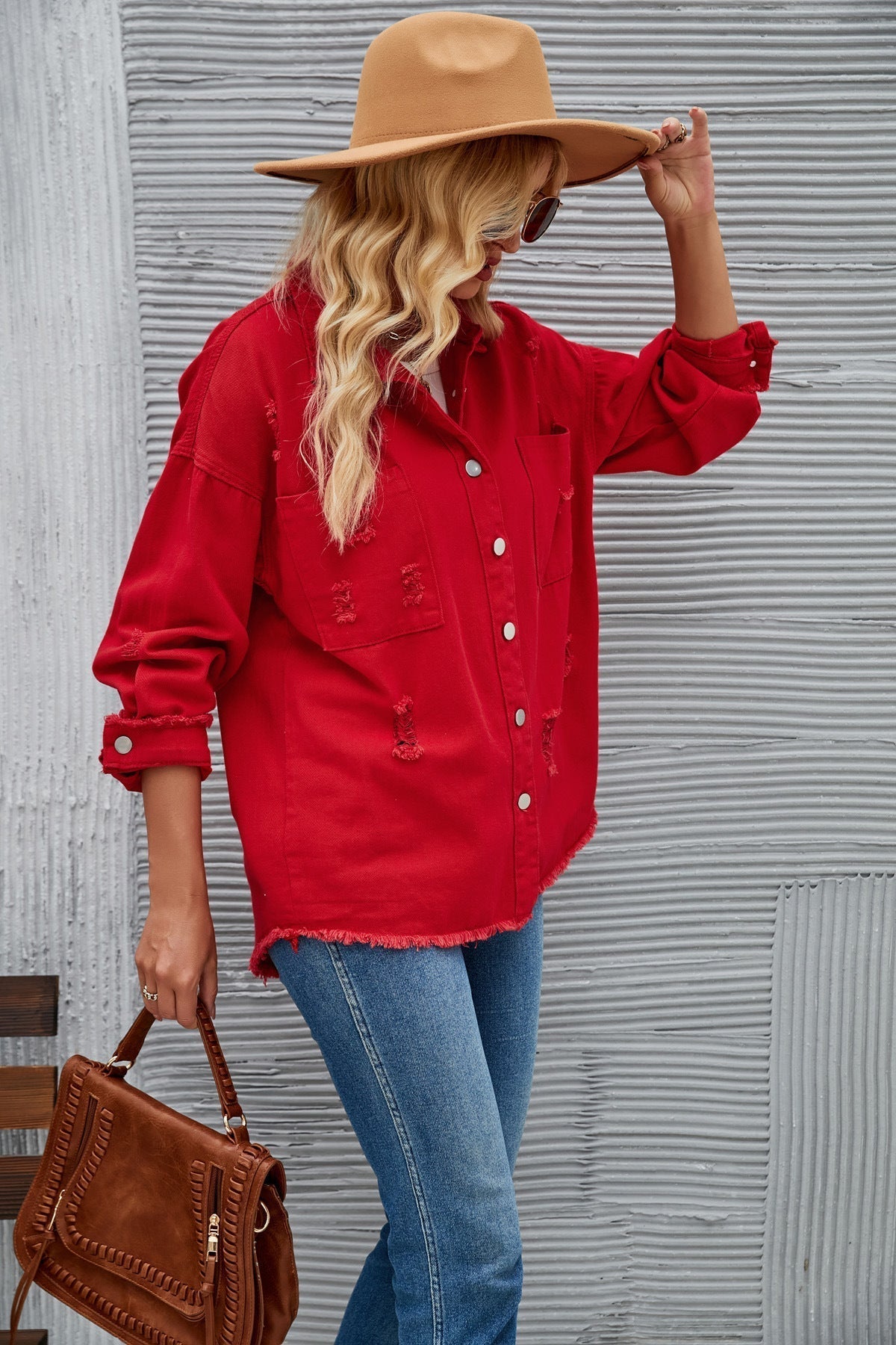 Damen-Hemdjacke aus Denim im lässigen Oversized-Schnitt mit Fransen, Größe Valenzora