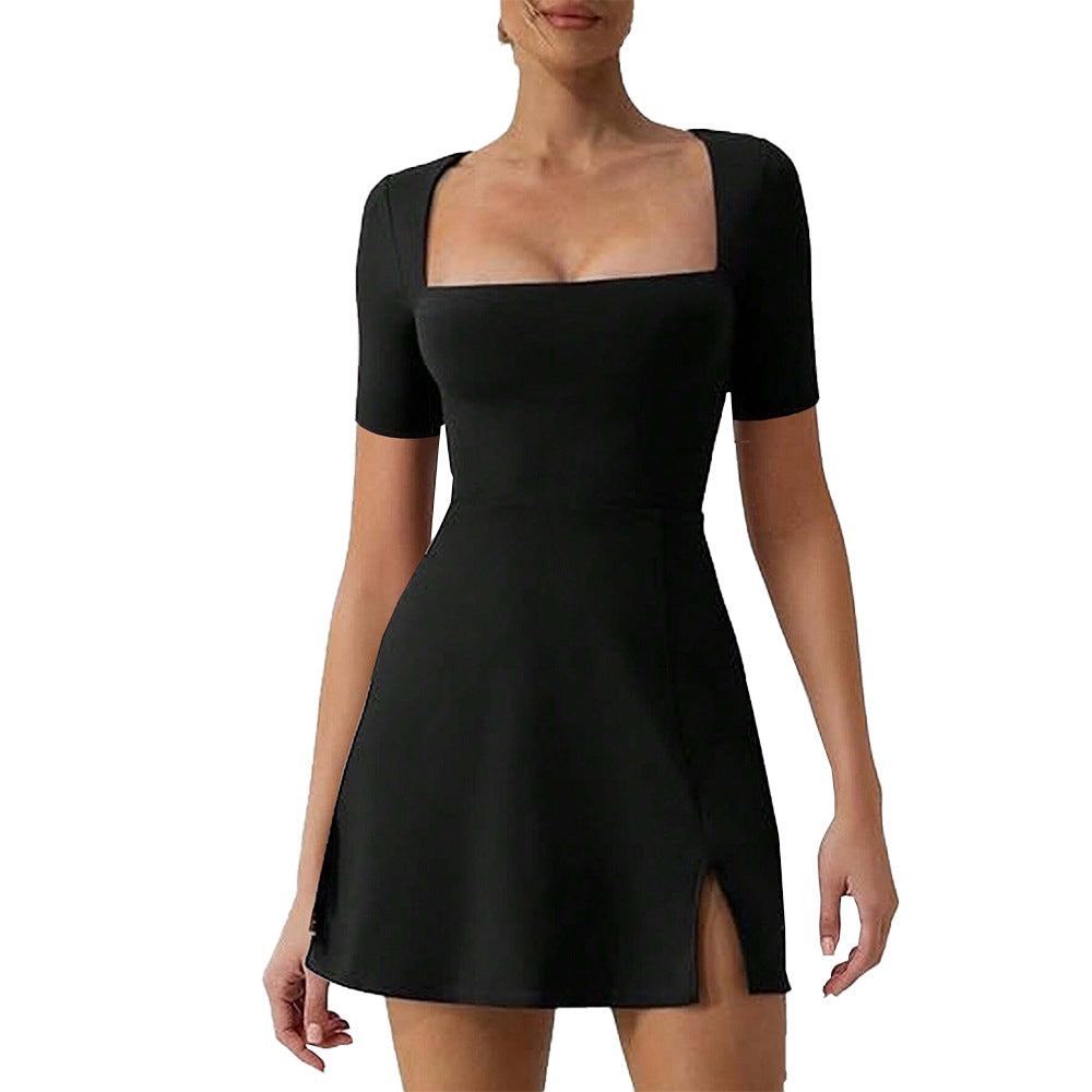 Women's elegant mini dress with square neckline and figure-hugging cut, size [size]
