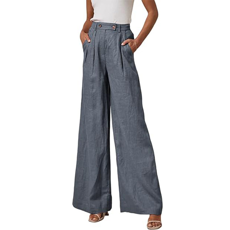 Women's elegant wide-leg linen trousers with a high waist and pleats, size