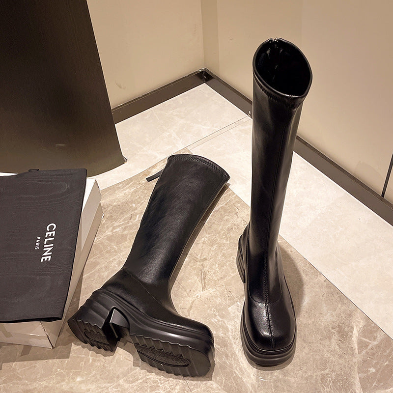 Damen modische Stretch-Stiefel mit dicker Plateau-Sohle, Größe S
