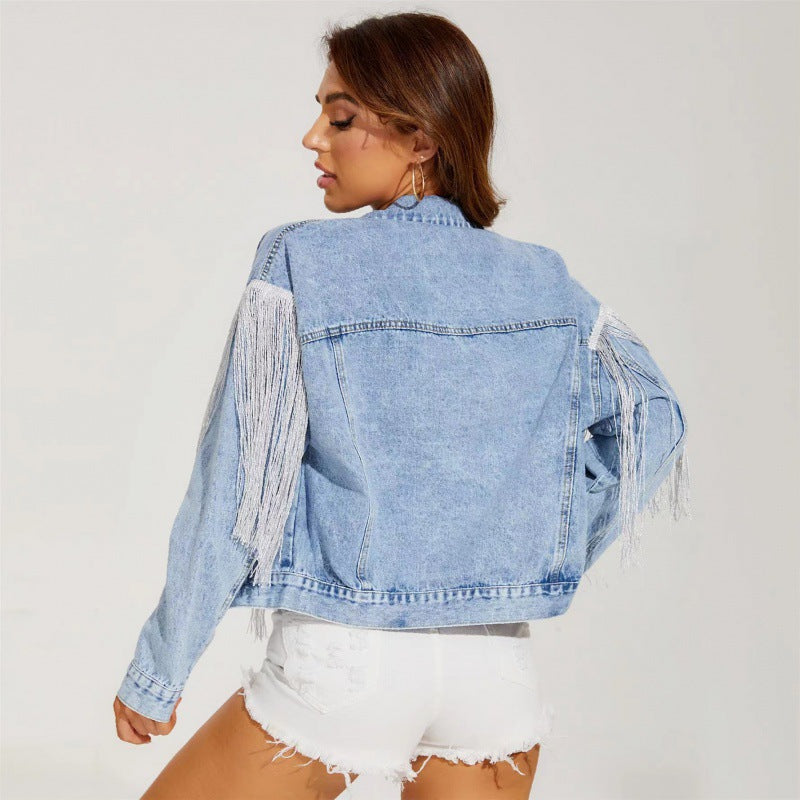 Women's denim jacket with frayed details and a relaxed fit, size S