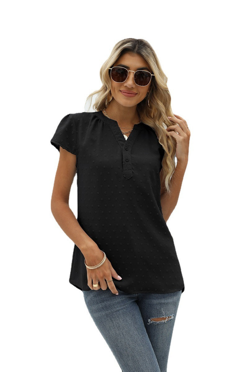 Valenzora | Jacquard-Chiffon Loose Fit V-Ausschnitt Kurzarm-Oberteil