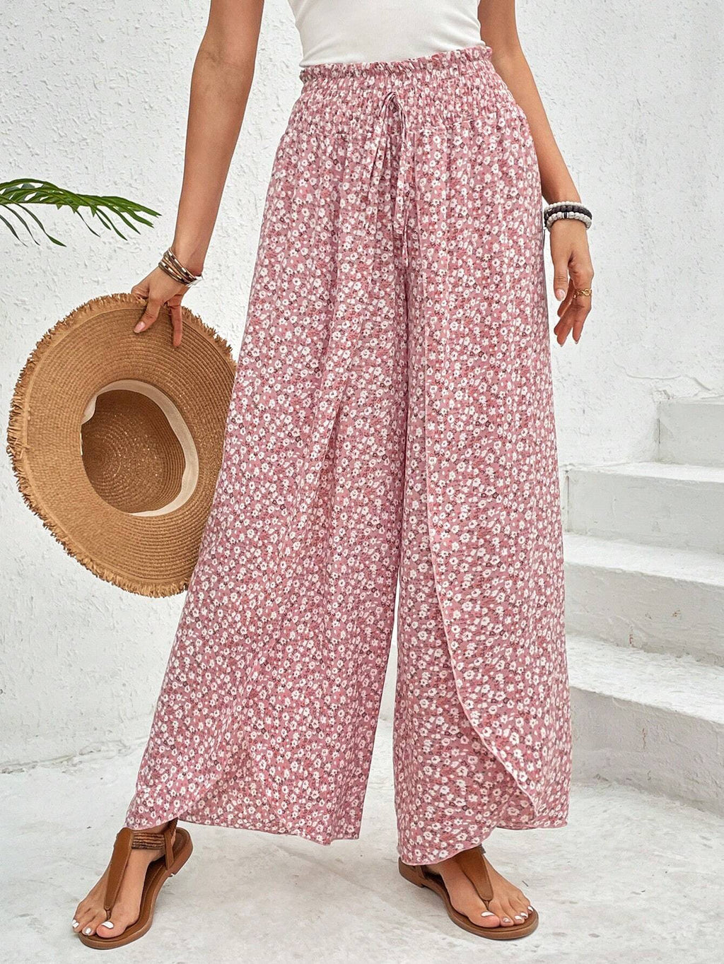 Damen-Sommerhose mit weitem Bein, elastischem Bund und Blumenmuster, Größe S