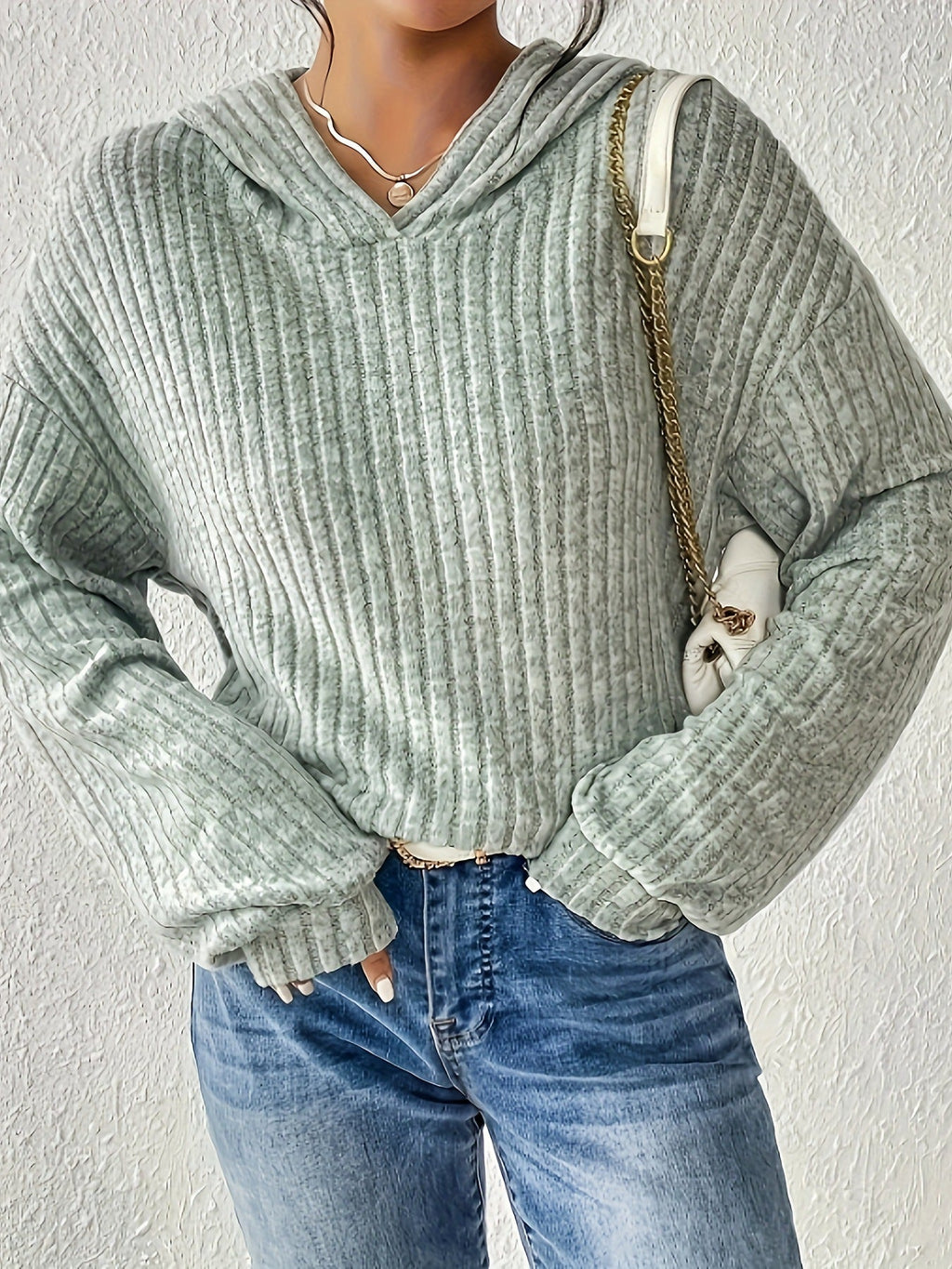 Lässiges Kapuzen-Sweatshirt für Damen mit stilvollem Rippmuster und überschnittenen Schultern, Größe [Größe fehlt]