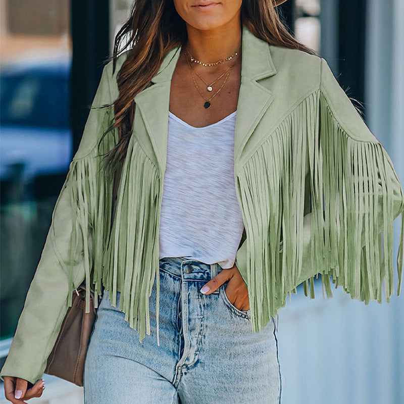Women's fringed jacket made of high-quality suede blend, size Valenzora