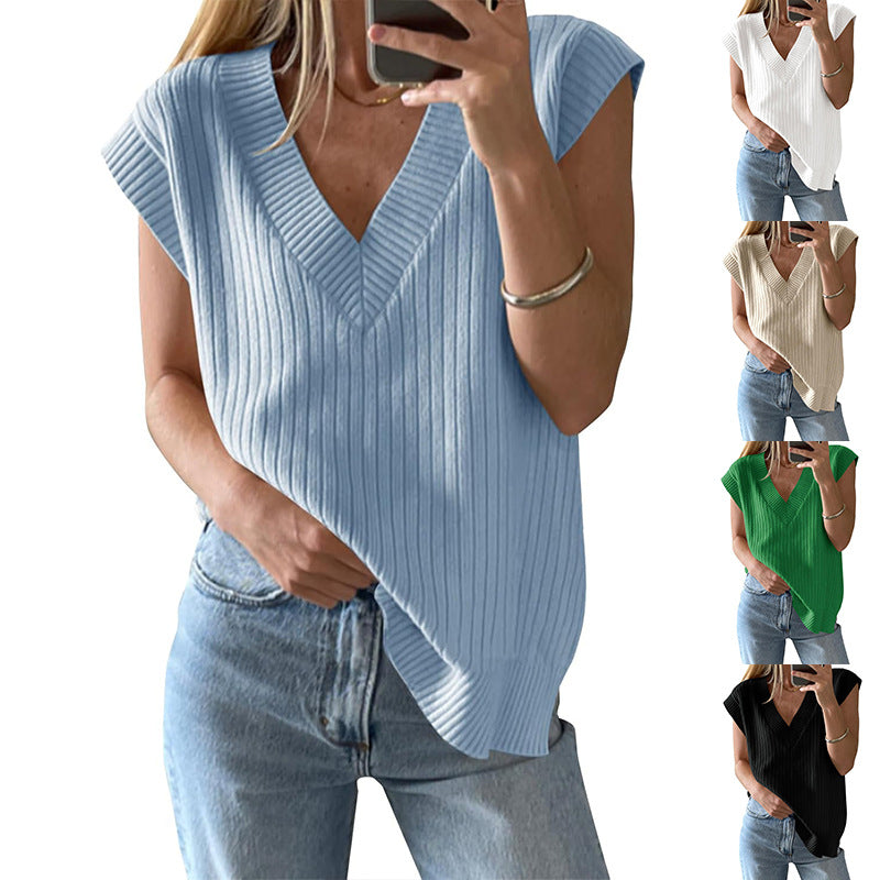 Women's casual V-neck ribbed knit top, size