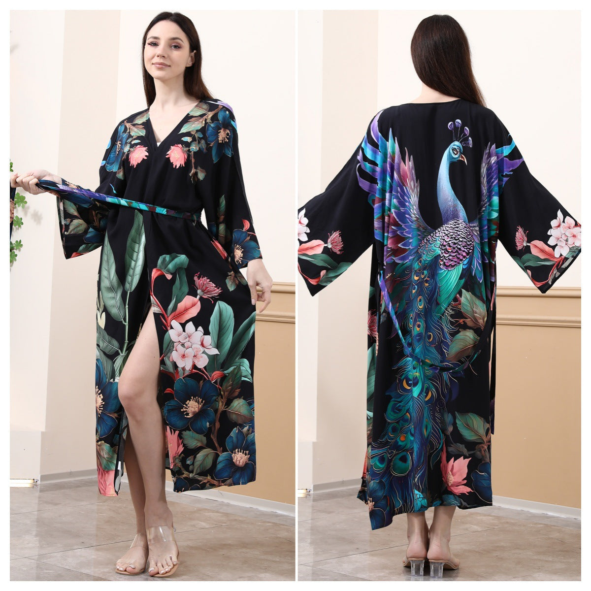 Damen-Kimono mit buntem Pfauenmotiv und weitem Schnitt, Größe S
