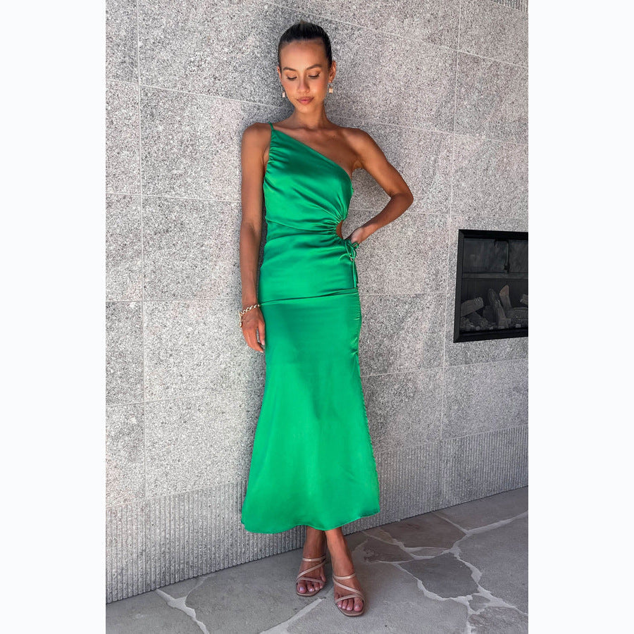 Women's asymmetrical cocktail dress with elegant side slit and embellished waist, size [size missing]