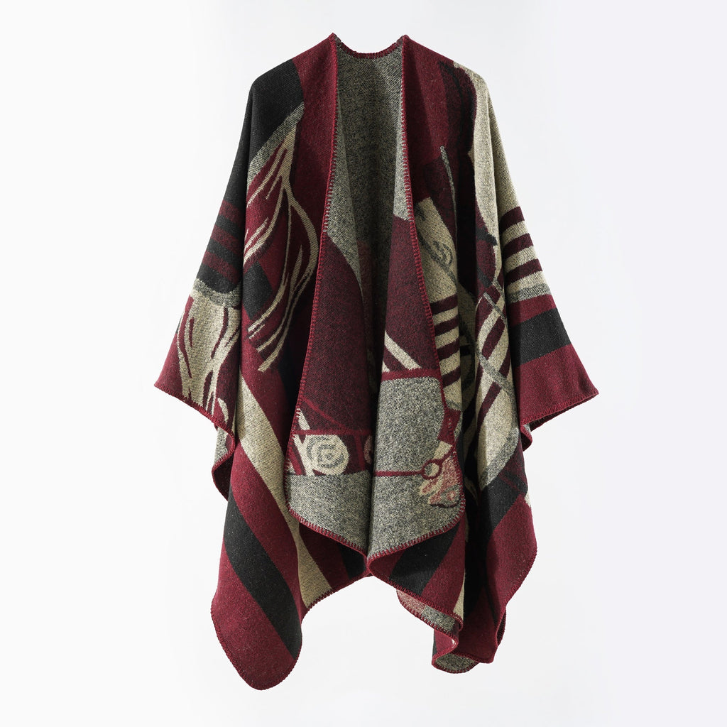 Women's elegant knitted poncho with artistic pattern and fine fringe, size Valenzora
