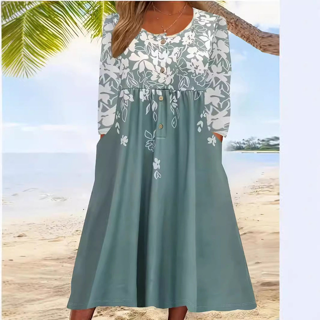 Damen fließendes Midikleid mit Blumenmuster und praktischen Taschen, Größe [size]