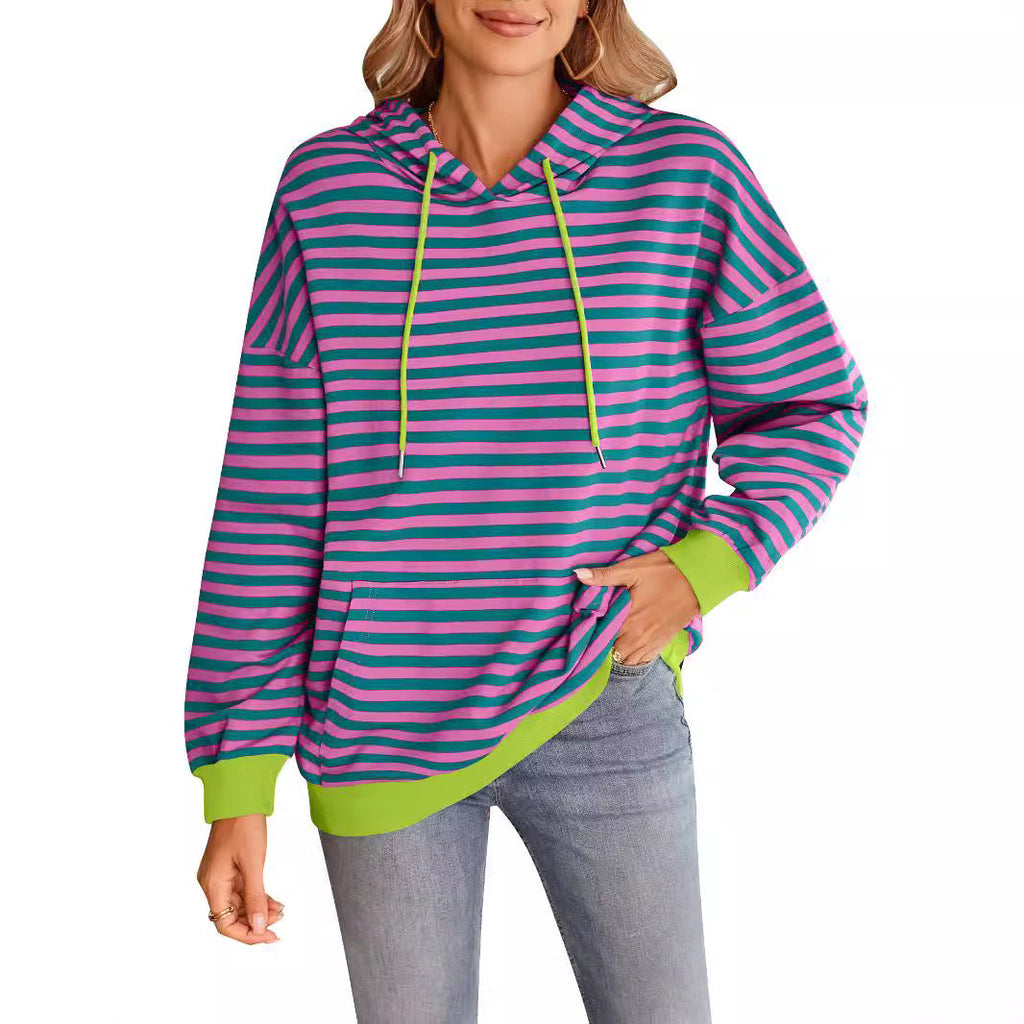 Gestreifter Kapuzenpullover für Damen mit stylischer Kängurutasche, Größe S