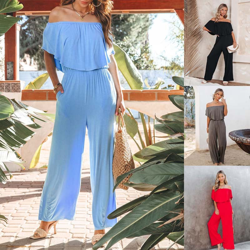 Eleganter schulterfreier Damen-Jumpsuit mit weitem Bein und fließendem Oberteil, Größe