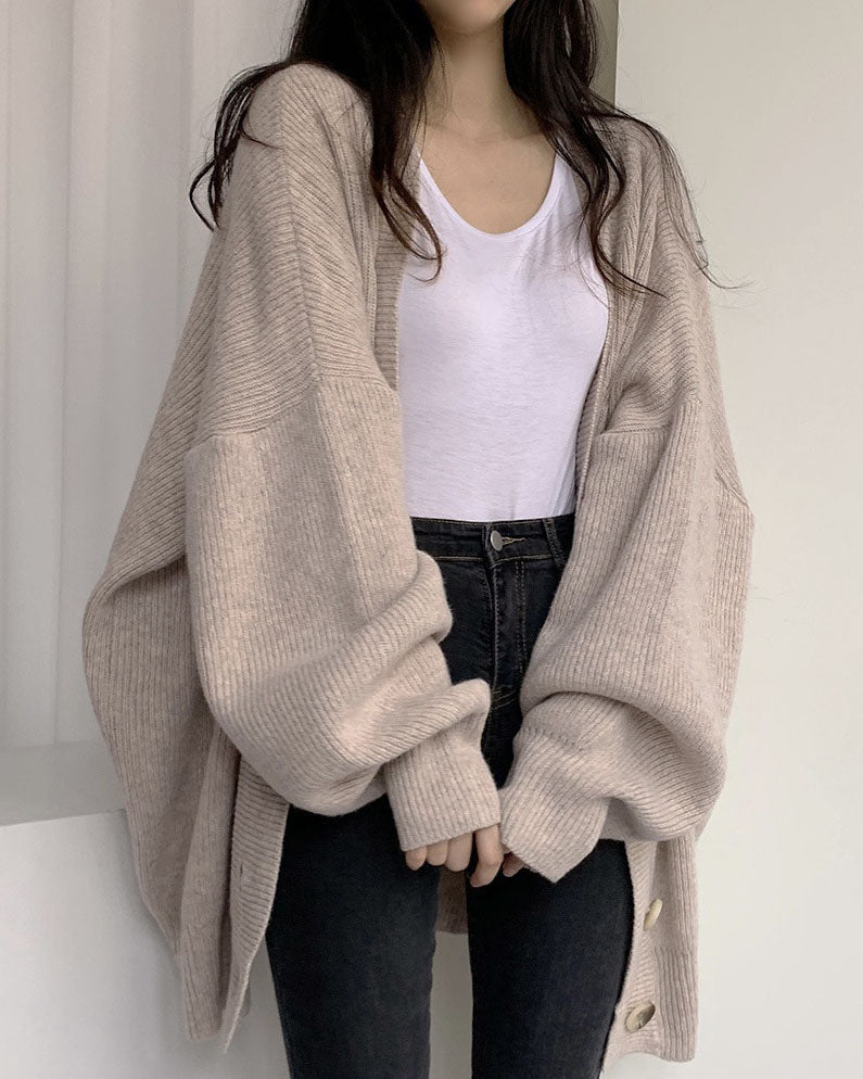 Valenzora V-neck single-breasted loose lantern sleeve knit cardigan