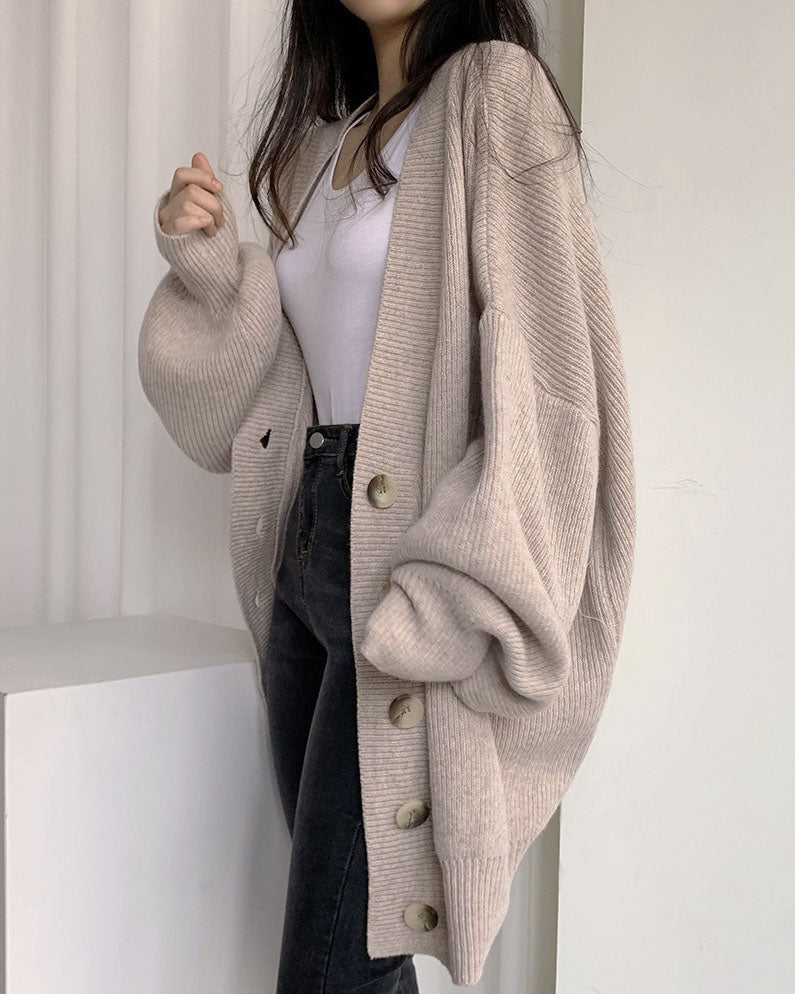 Valenzora V-neck single-breasted loose lantern sleeve knit cardigan