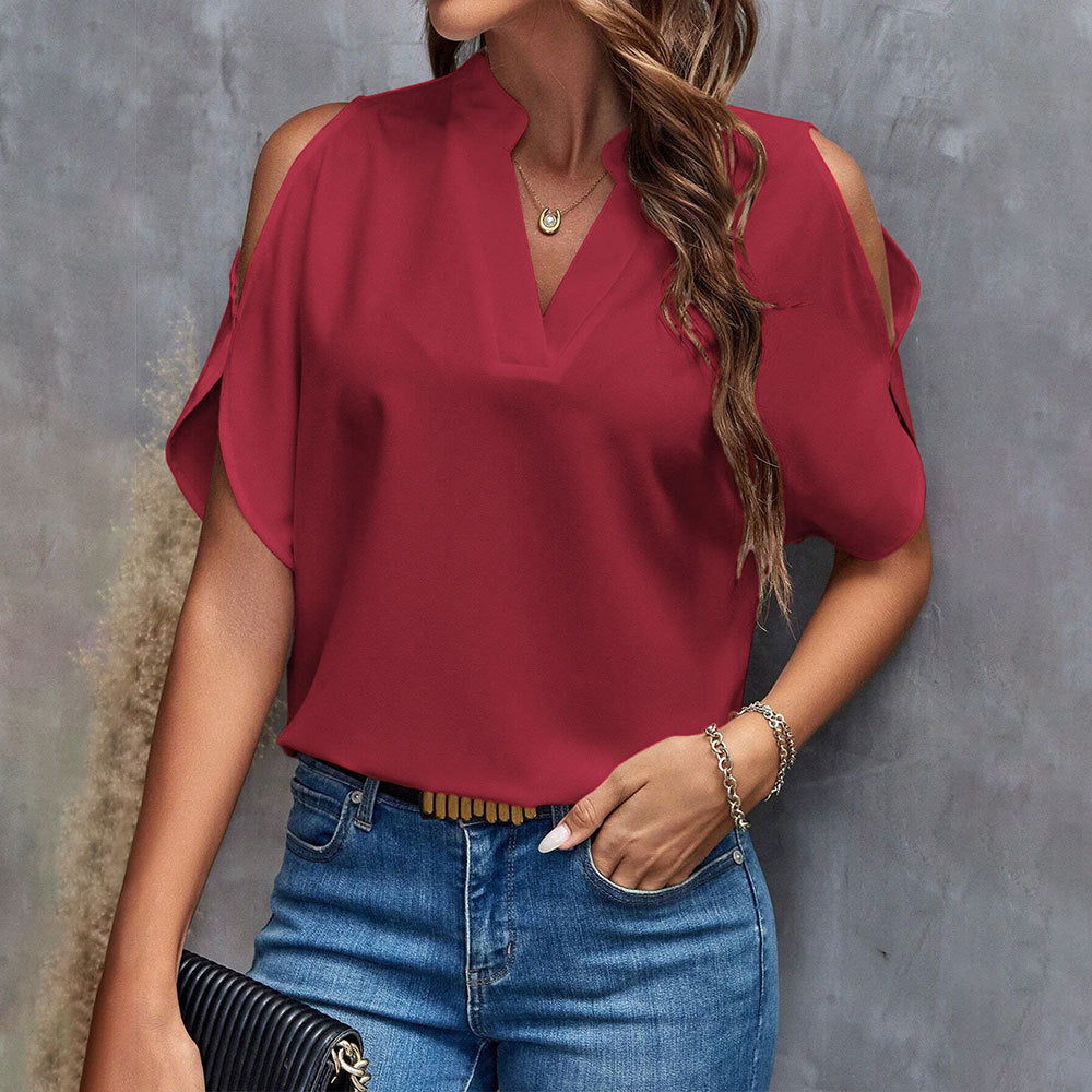 Women's short-sleeved blouse with an elegant V-neck and airy butterfly sleeves, size [size missing]