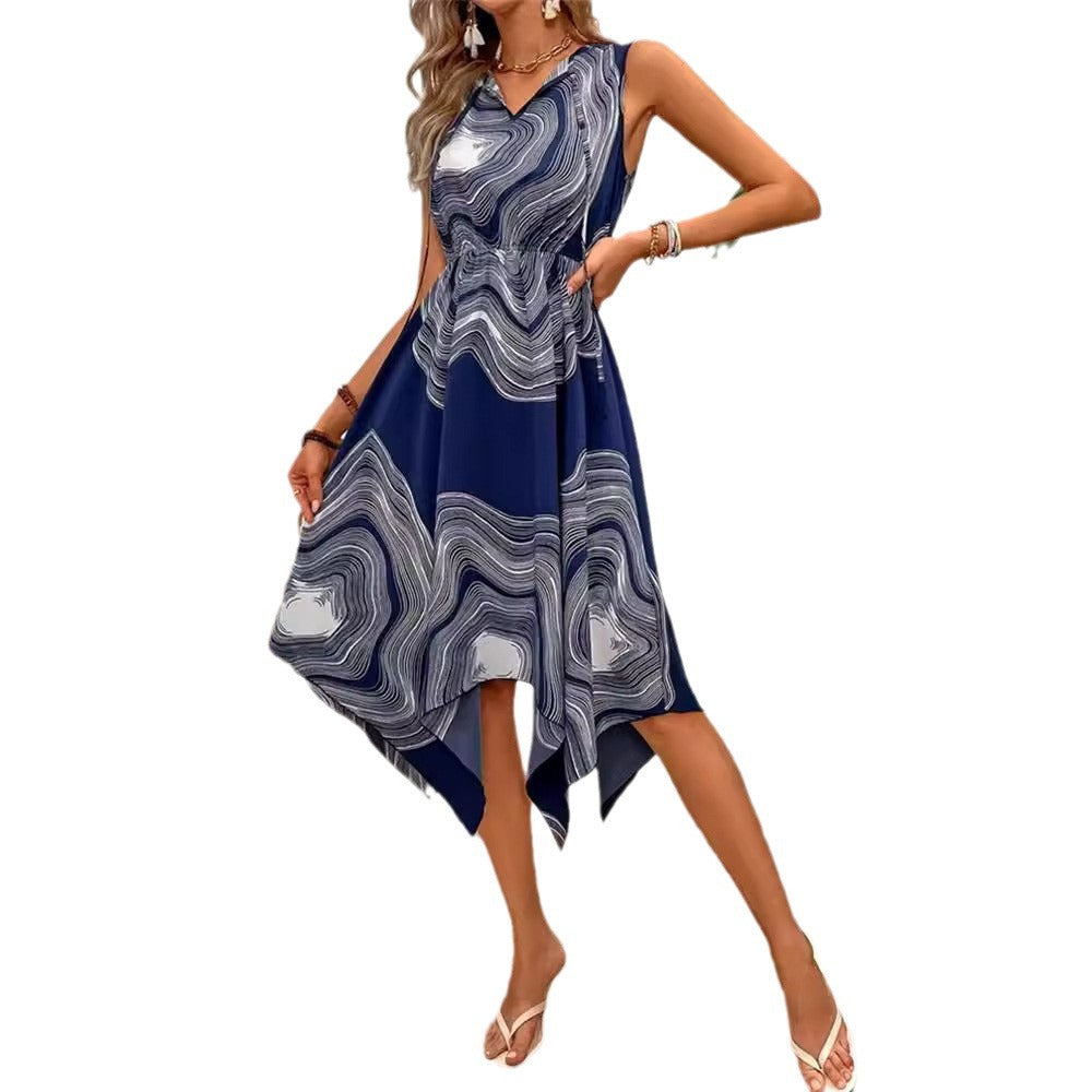 Women's Asymmetrical Summer Dress with Wave Pattern and V-Neck Drune