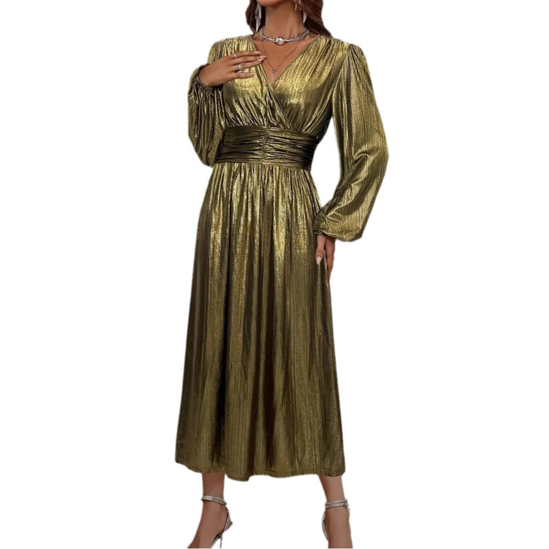 Women's elegant midi dress with metallic sheen and sophisticated puff sleeves, size [size]