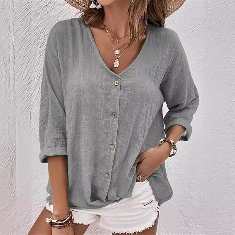 Women's casual blouse with button placket and V-neck, size
