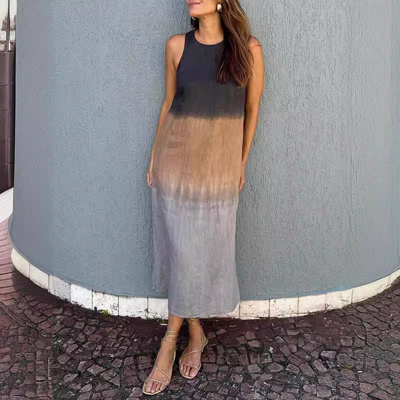 Valenzora | Cotton Linen Sleeveless Slit Gradient Dress