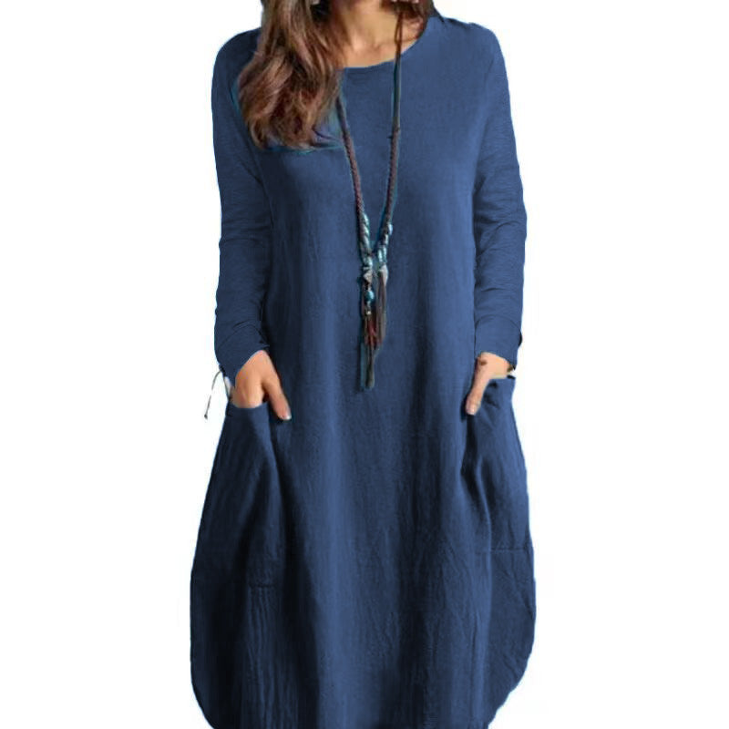 Valenzora | Relaxed Cotton-Linen Solid Color Pocket Long Sleeve Dress