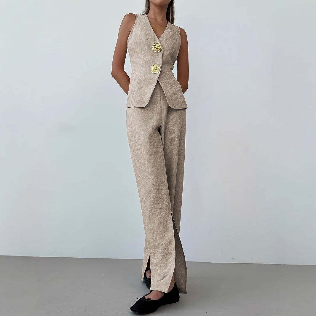 Women's elegant suit set with tailored blazer and wide-leg trousers, size