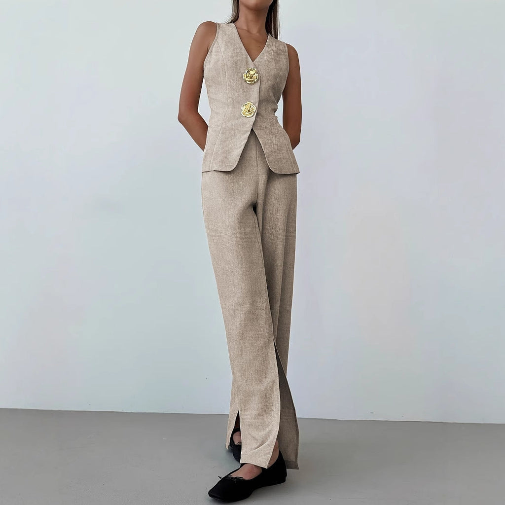 Elegantes Damen-Ensemble bestehend aus einem ärmellosen Blazer und einer weit geschnittenen Hose, Größe S