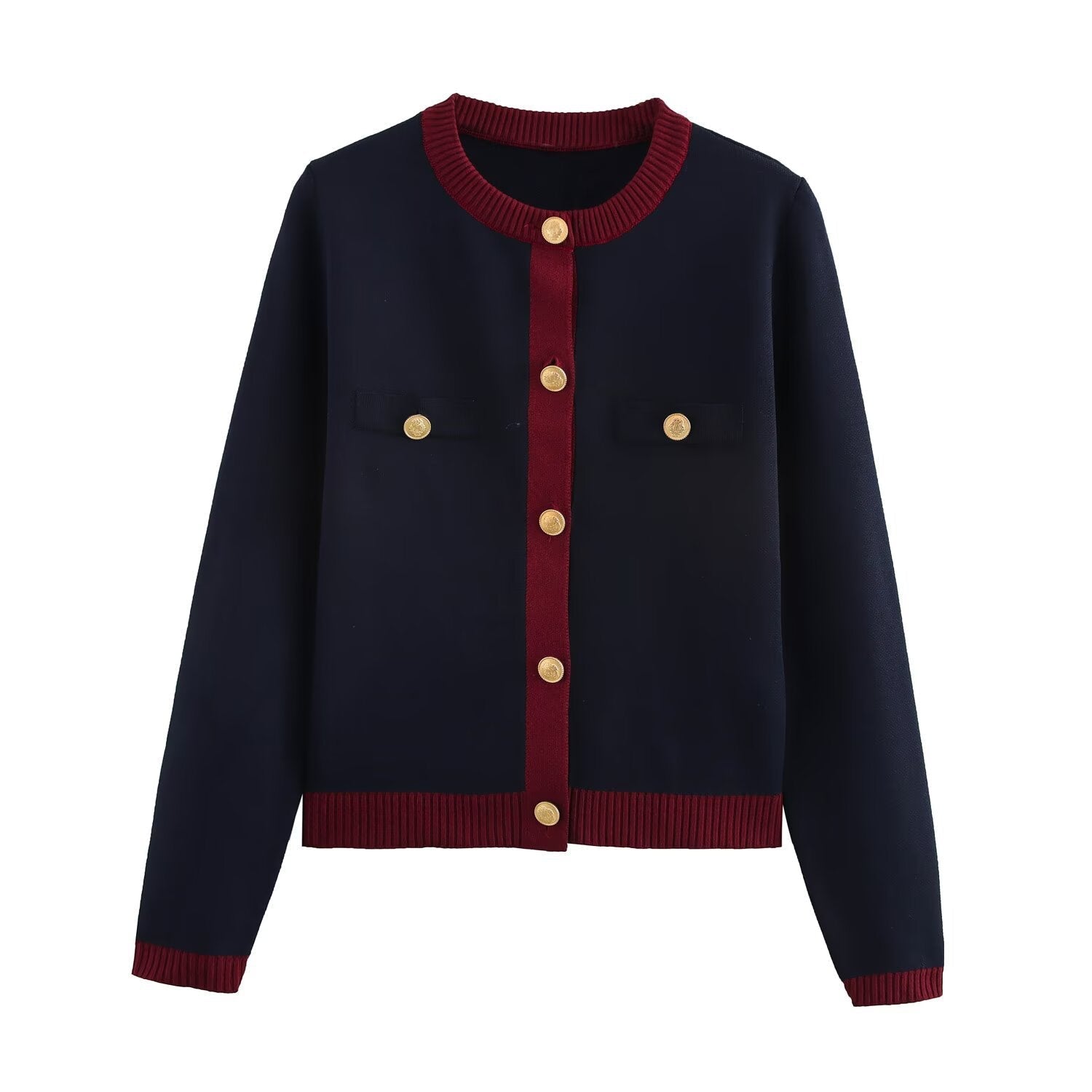 Valenzora | Spring Golden Button Contrast Knit Cardigan Top